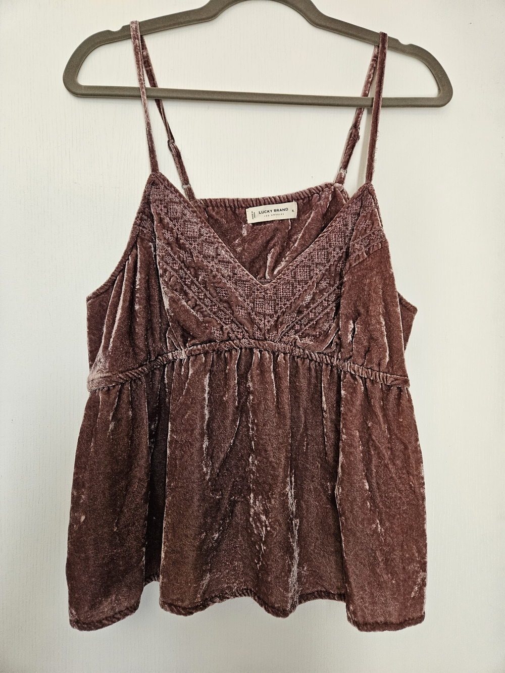 Lucky Brand Dusty Rose Detailed Velvet Spaghetti Strap Babydoll Peplum Cami, XL